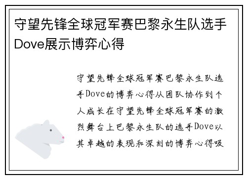守望先锋全球冠军赛巴黎永生队选手Dove展示博弈心得