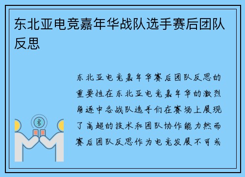 东北亚电竞嘉年华战队选手赛后团队反思