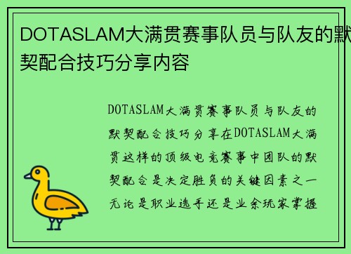 DOTASLAM大满贯赛事队员与队友的默契配合技巧分享内容